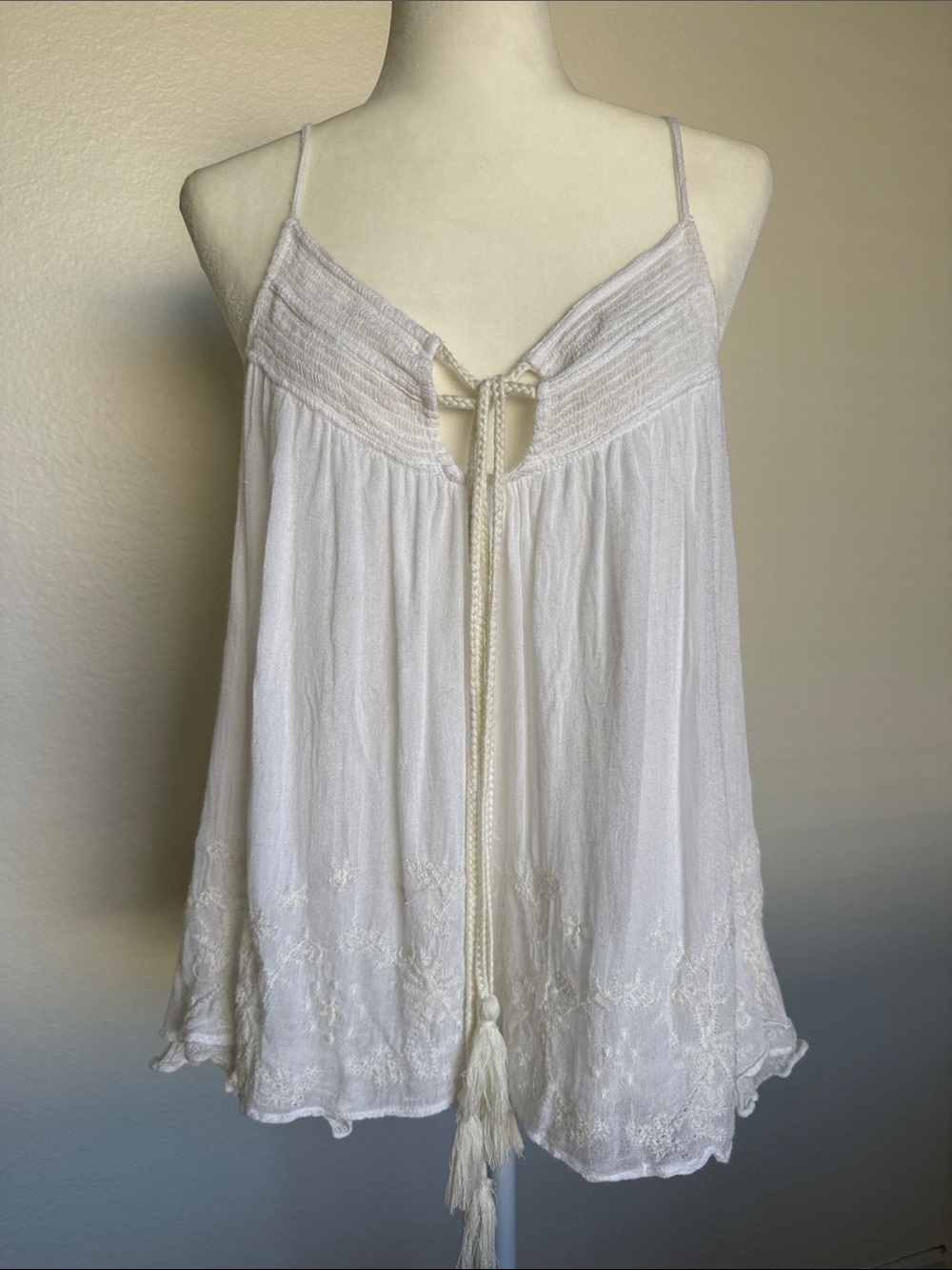 Free People Cream Tie-Front Embroidered Camisole
